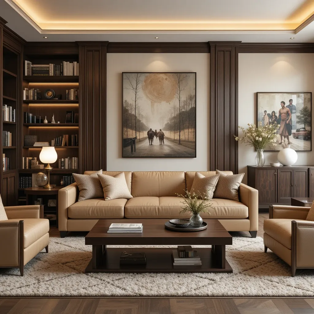Warm Beige Leather Couch with Dark Wood Accents