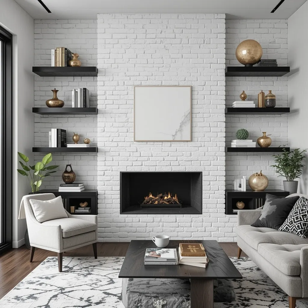 White Brick Accent Wall with Black Floating Shelves and Gold Details