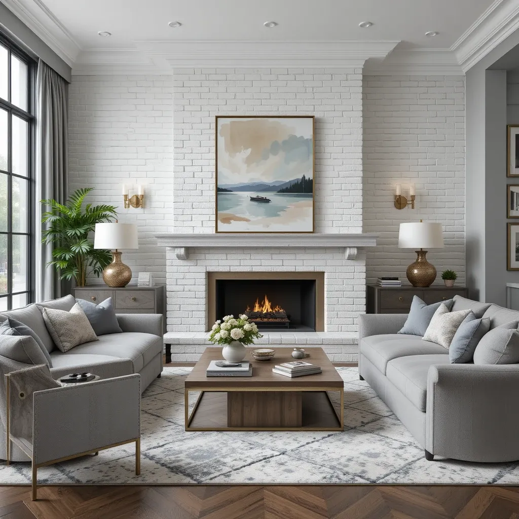 White Brick Accent Wall with Gold Lighting Fixtures