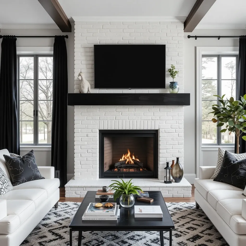 White Brick Fireplace with Black Mantel