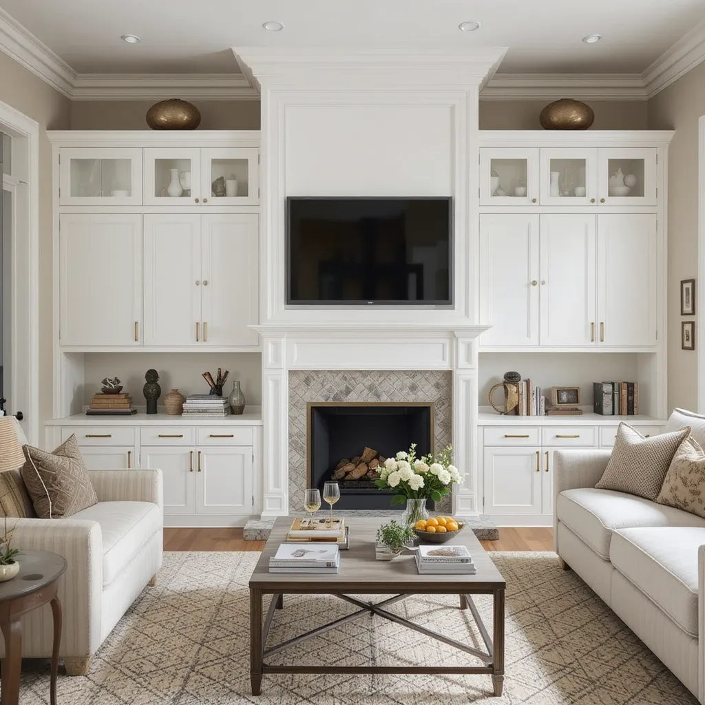 White Built-In Cabinets with Brown Hardware