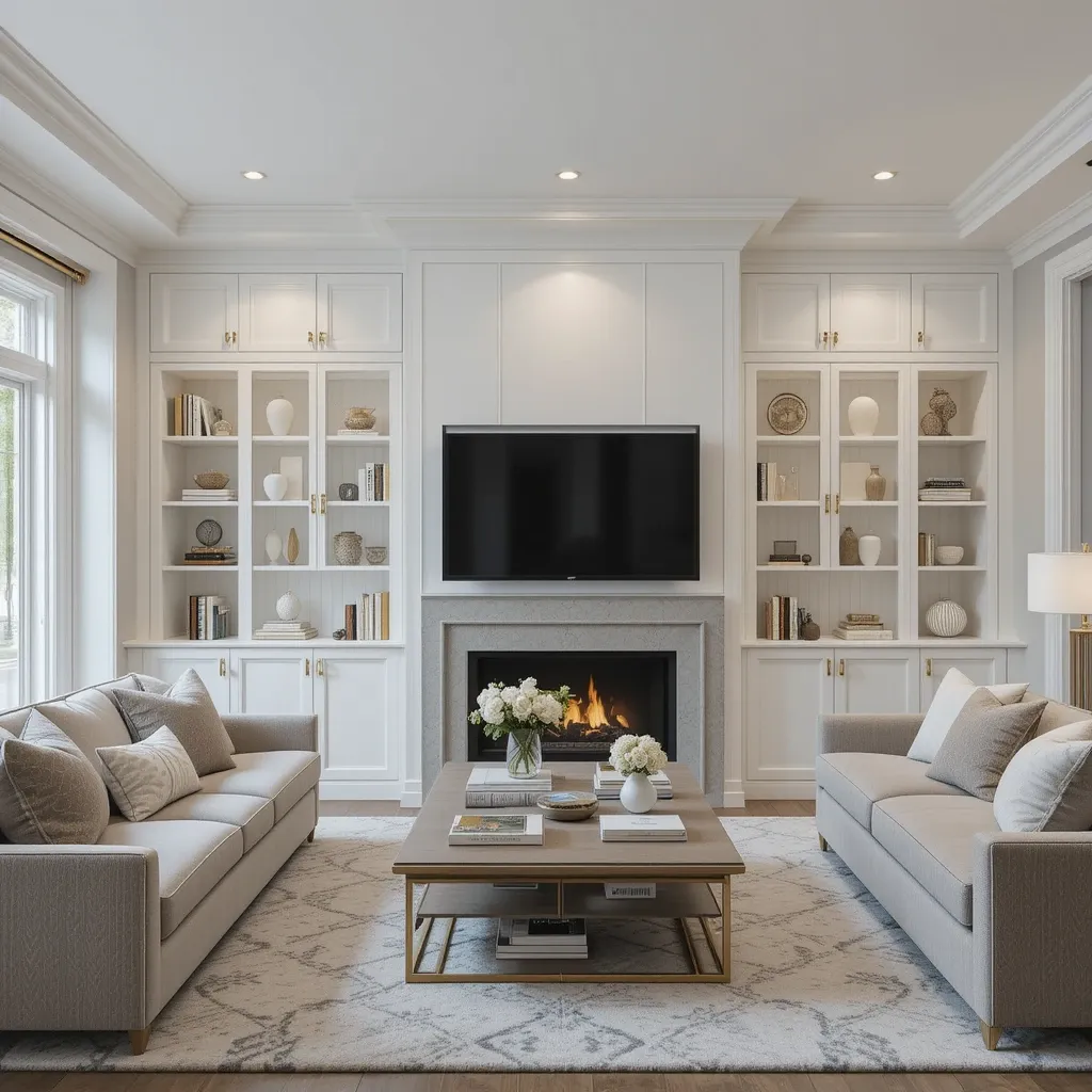 White Built-in Cabinets with Gold Hardware
