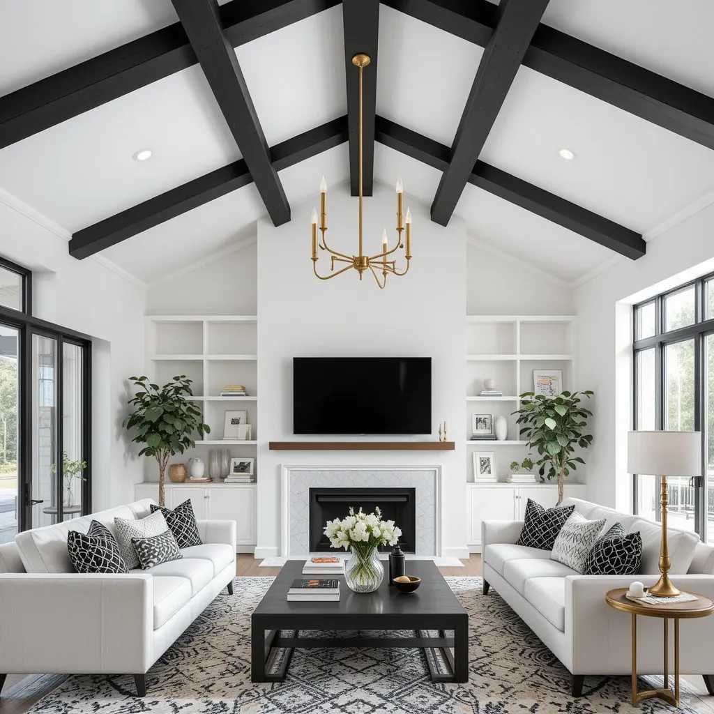 White Ceiling with Black Beams and Gold Pendant Lights