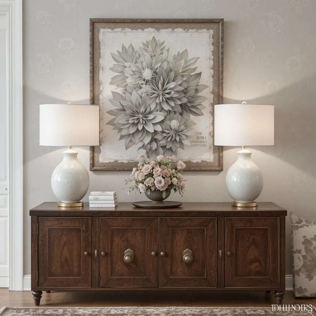 White Ceramic Table Lamps on a Brown Console Table