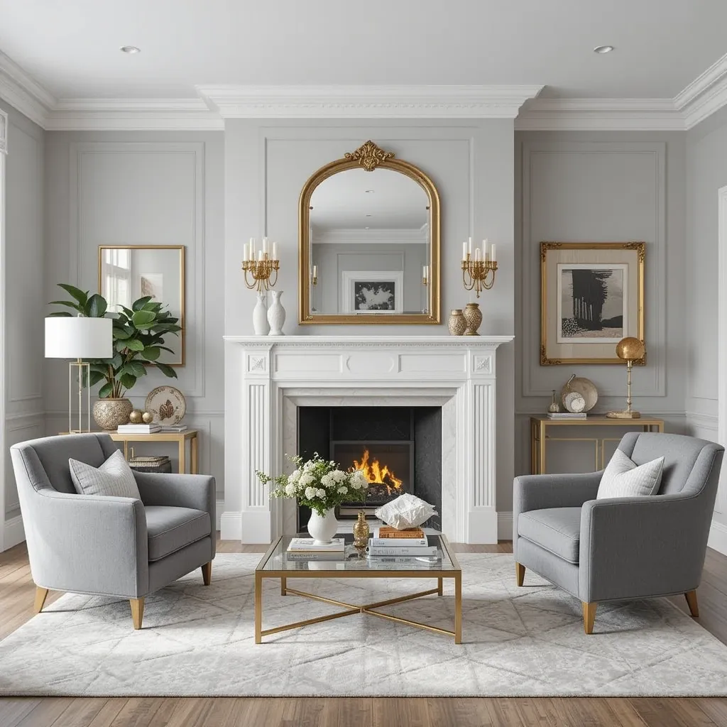 White Fireplace with Gold Mirror Above
