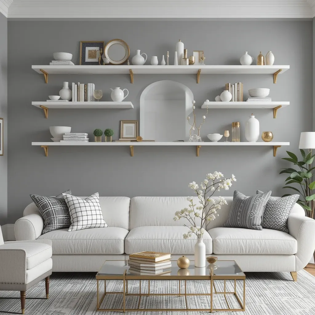 White Floating Shelves with Gold Brackets on a Grey Wall