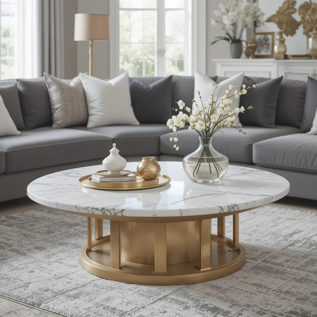 White Marble Coffee Table with Gold Base