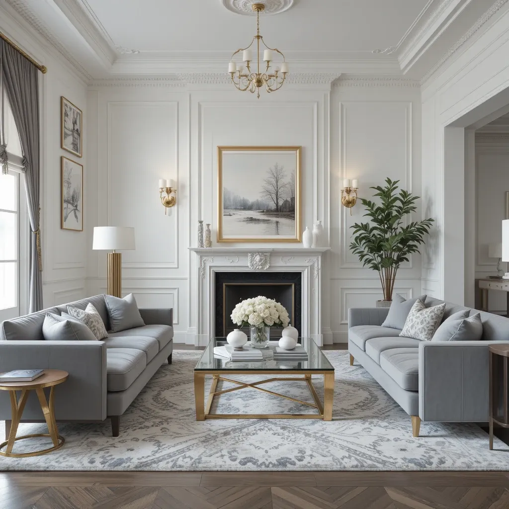White Paneled Walls with Gold Sconces