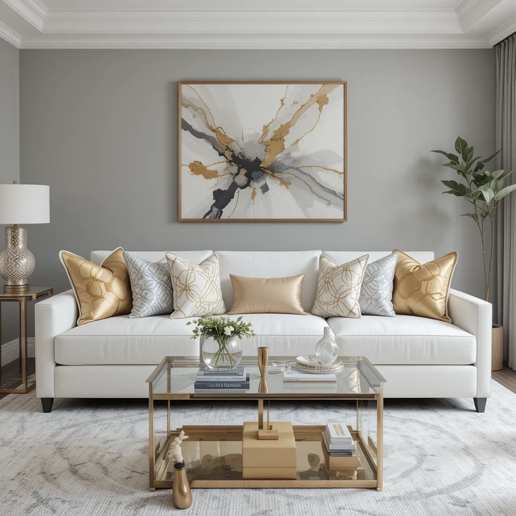 White Sectional with Gold and Grey Abstract Pillows