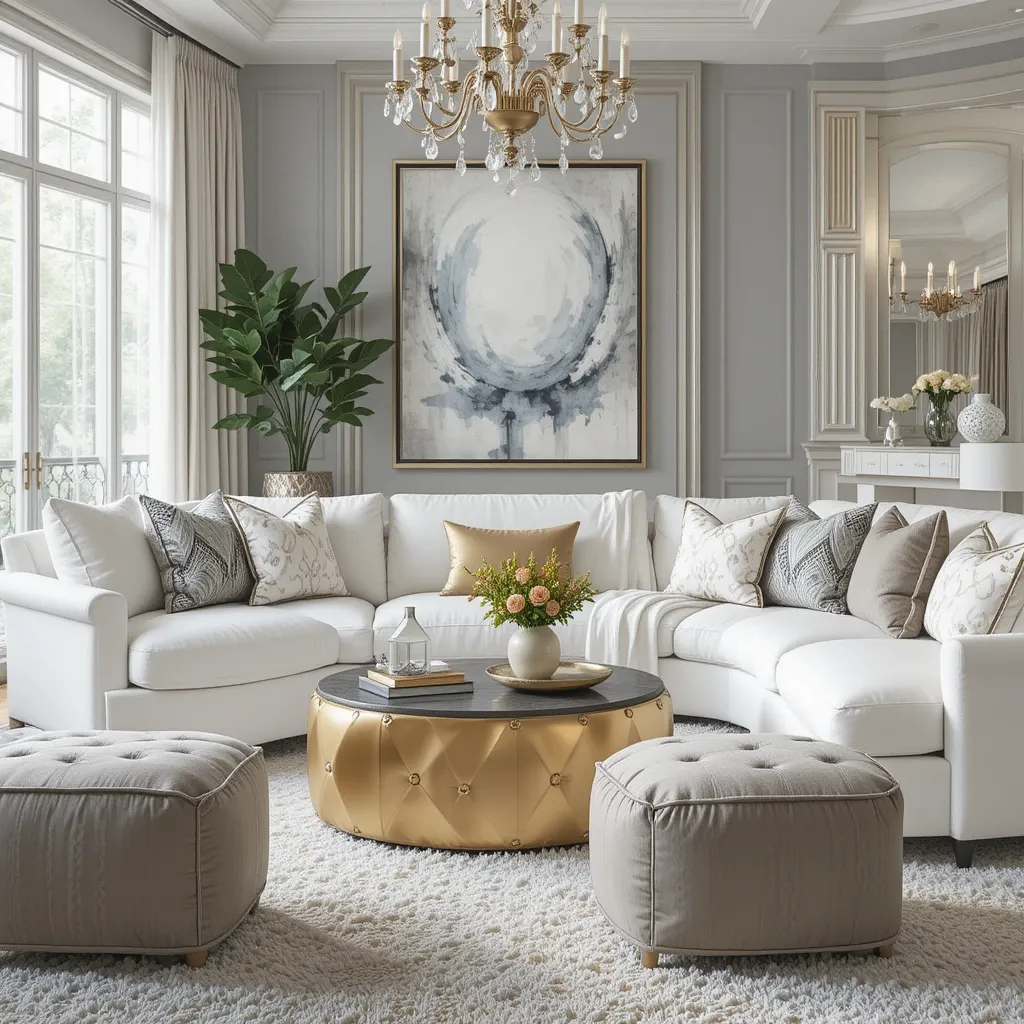 White Sectional with Gold and Grey Poufs