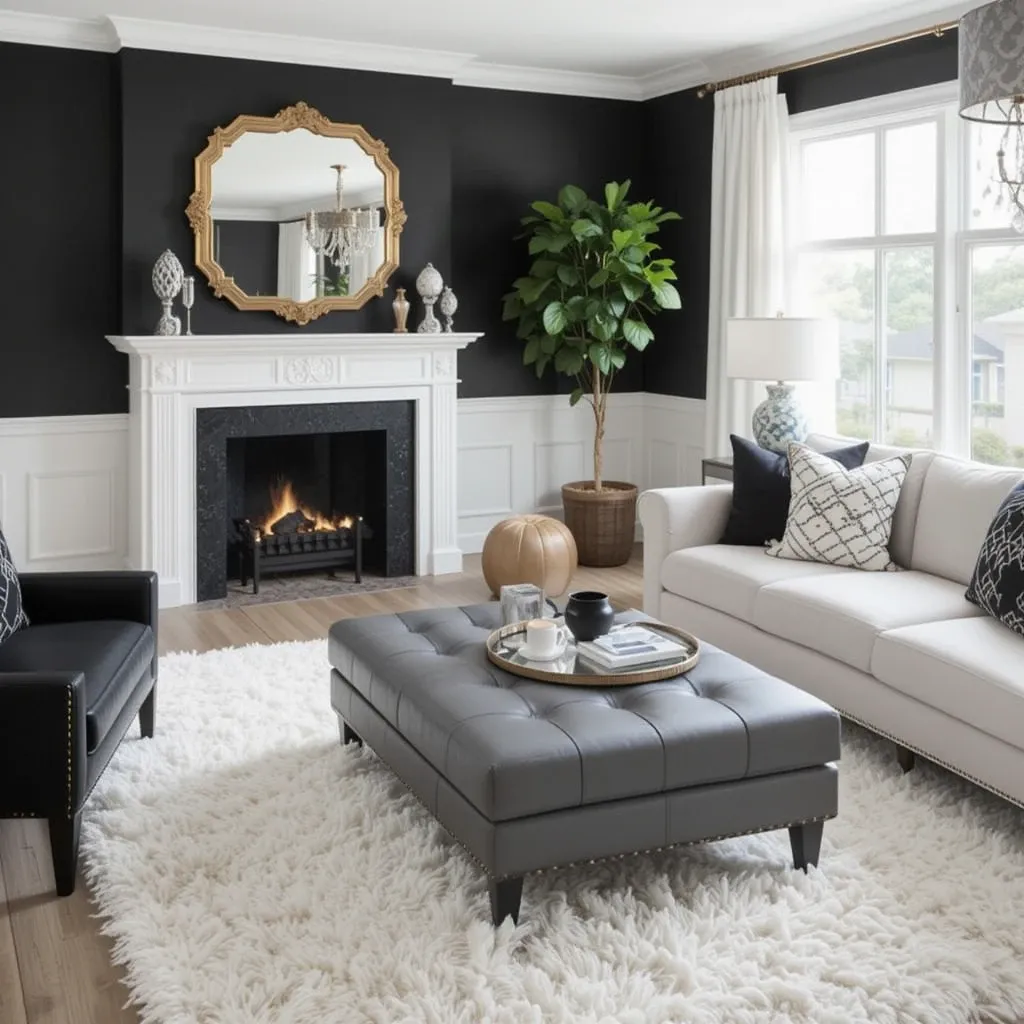 White Shag Rug with Black and Gold Accents