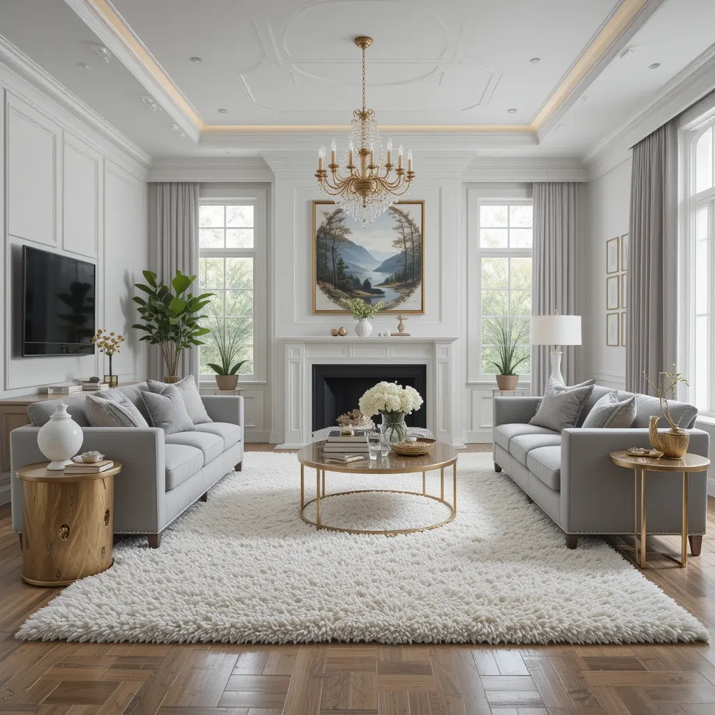 White Shag Rug with Grey and Gold Furnishings