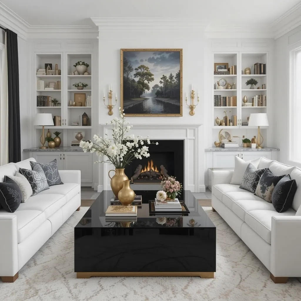 White Sofa with Black Lacquered Coffee Table and Gold Decor