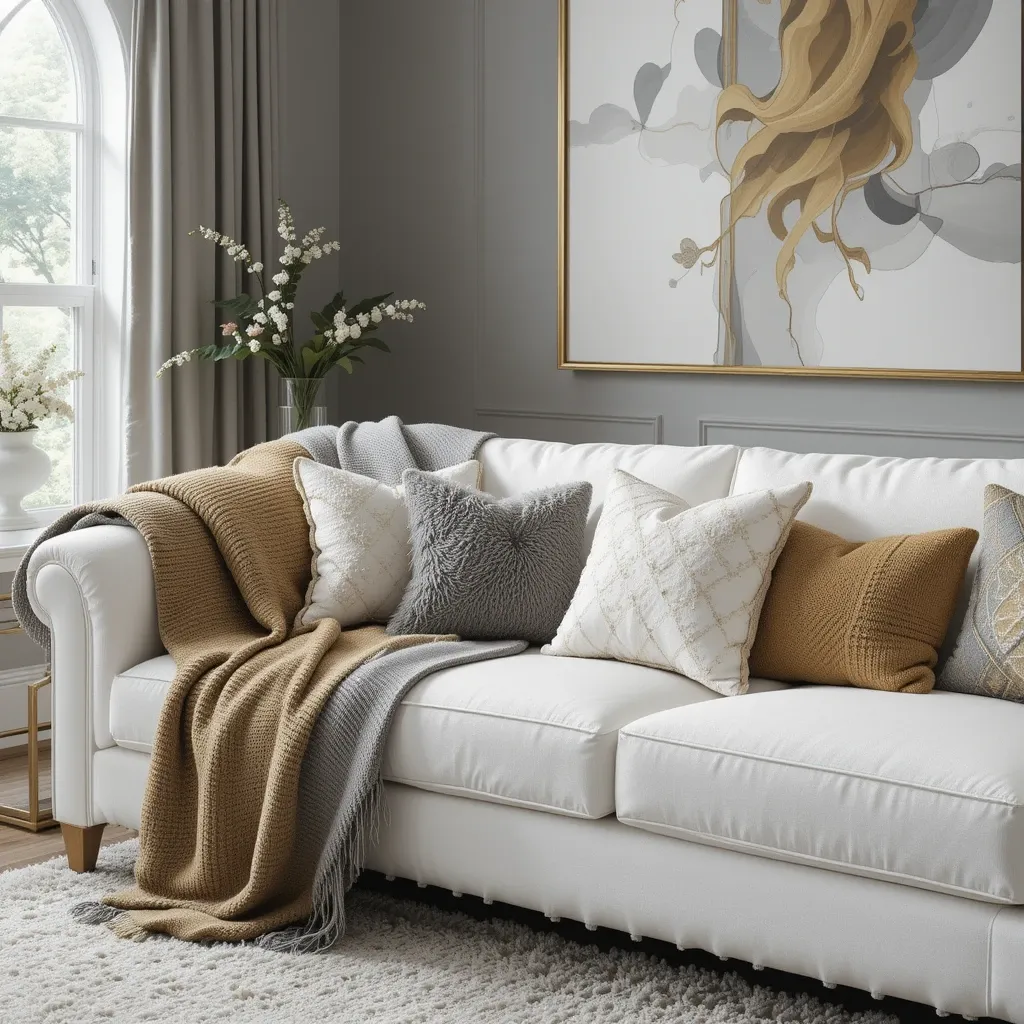 White Sofa with Grey and Gold Throw Blankets