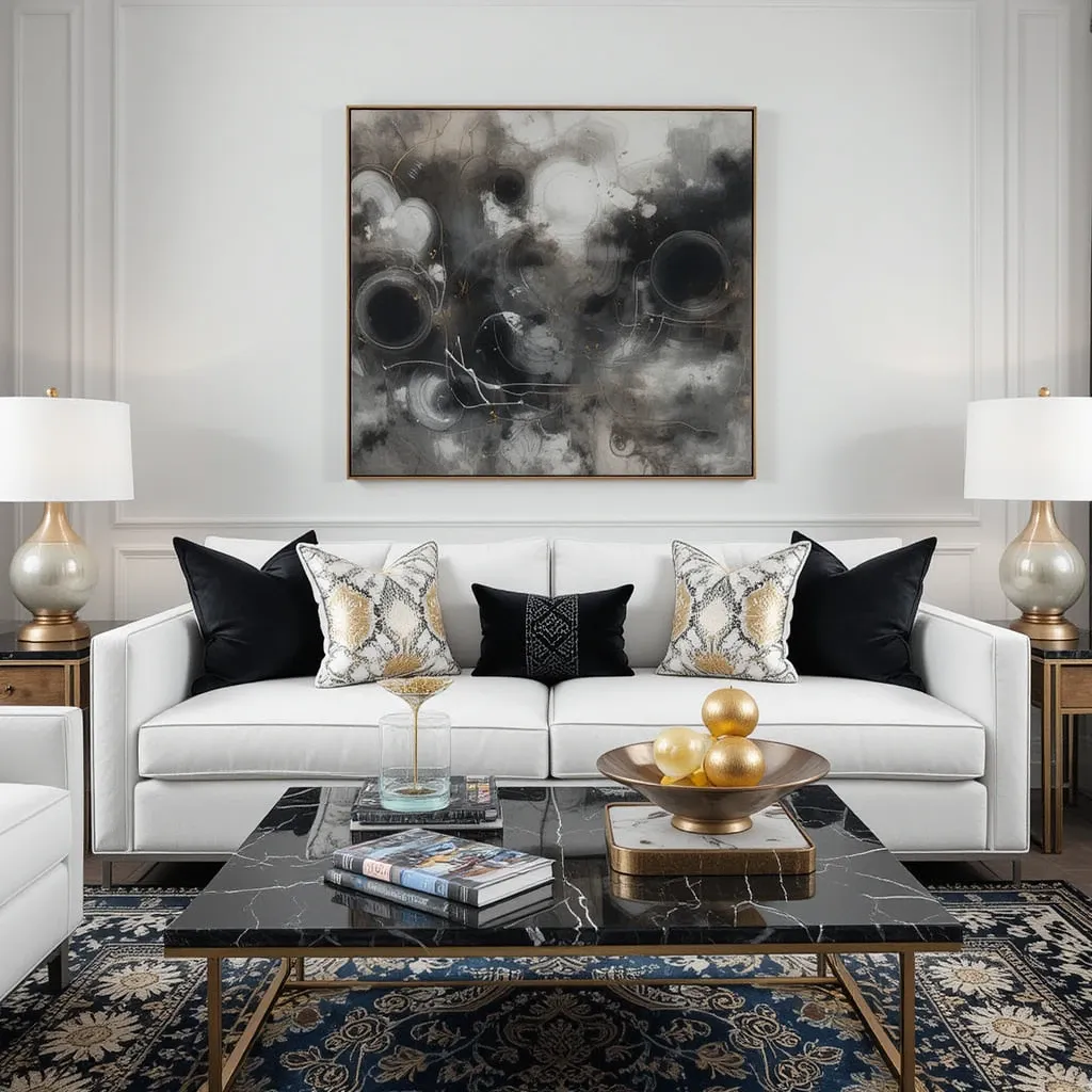White Sofas with Black and Gold Decor