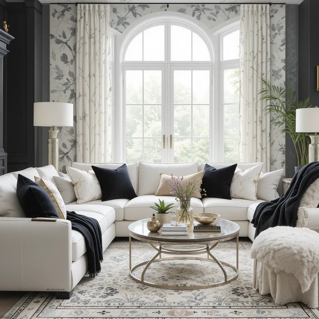 White Sofas with Black and Gold Throw Blankets