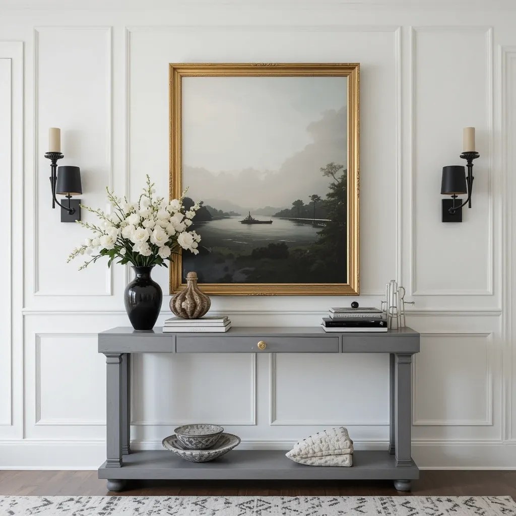 White Wainscoting with Black and Gold Decor