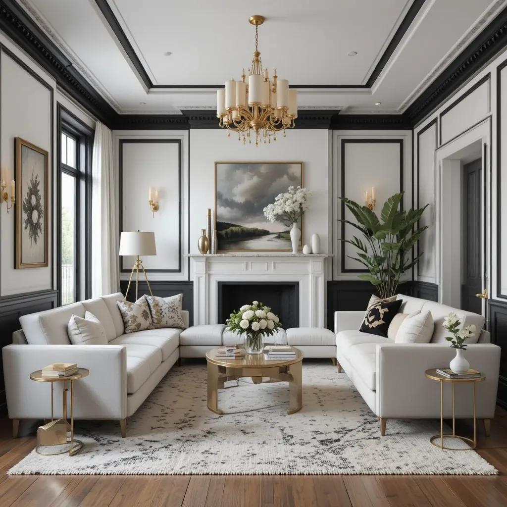 White Walls with Black Paneling and Gold Accessories