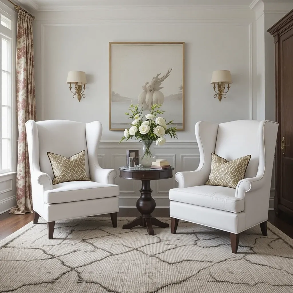 White Wingback Chairs with a Brown Accent Table