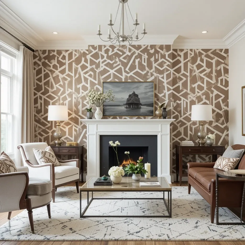 White and Brown Geometric Patterned Wallpaper