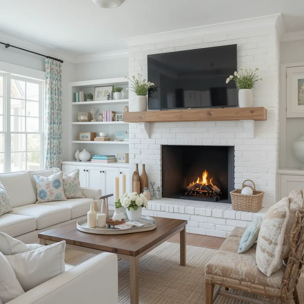 White or Pastel Painted Brick Fireplace