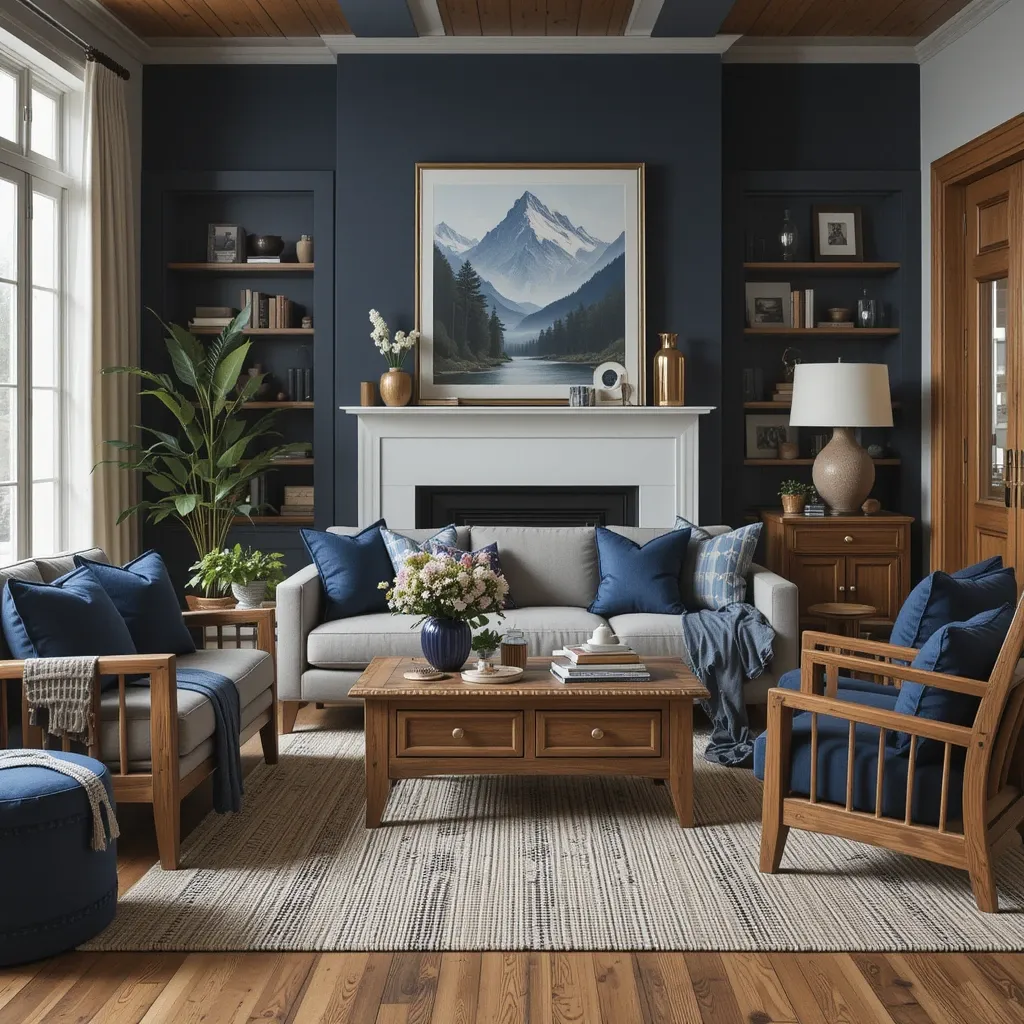Wooden Furniture with Navy Blue Accents