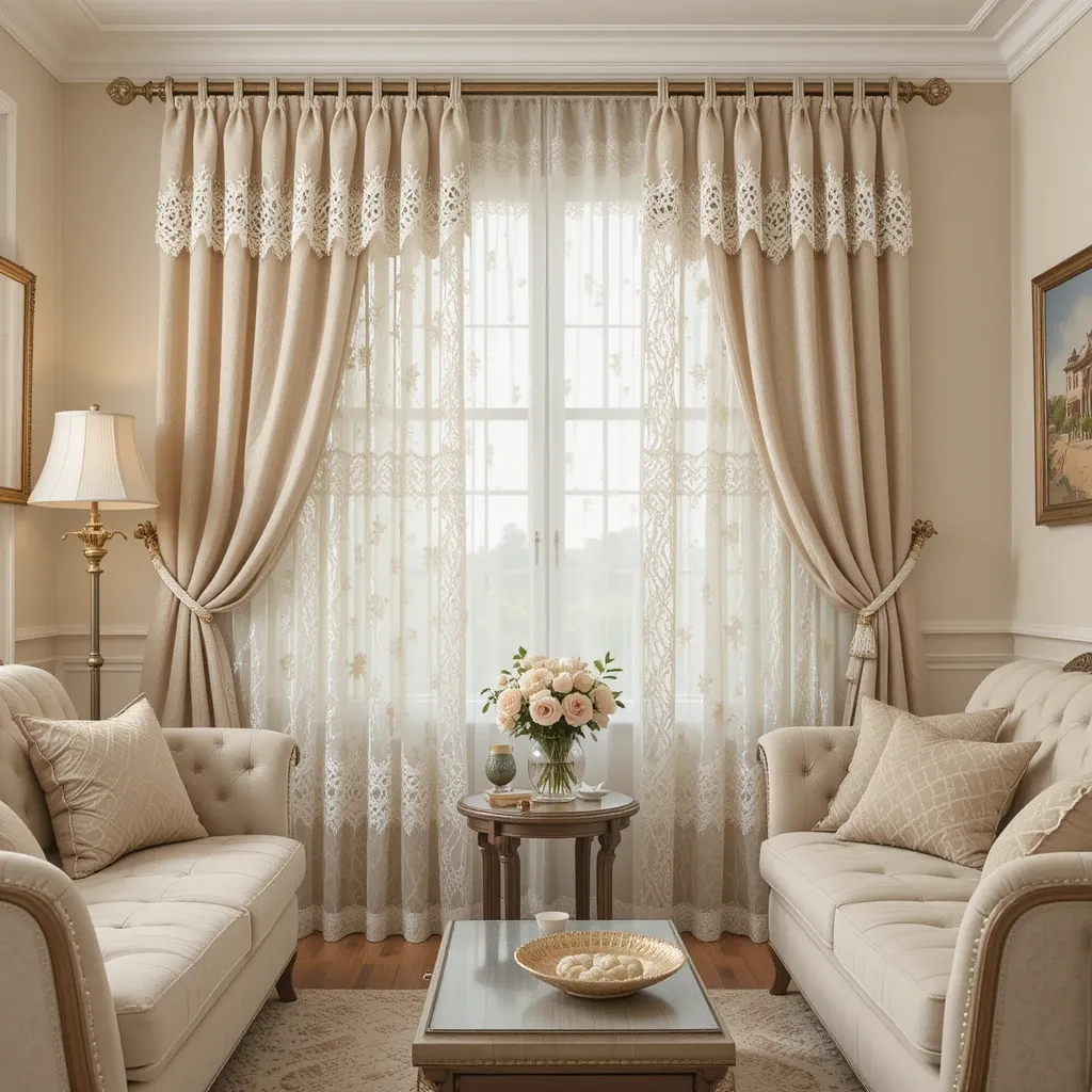 Beige Curtains with Lace Overlay