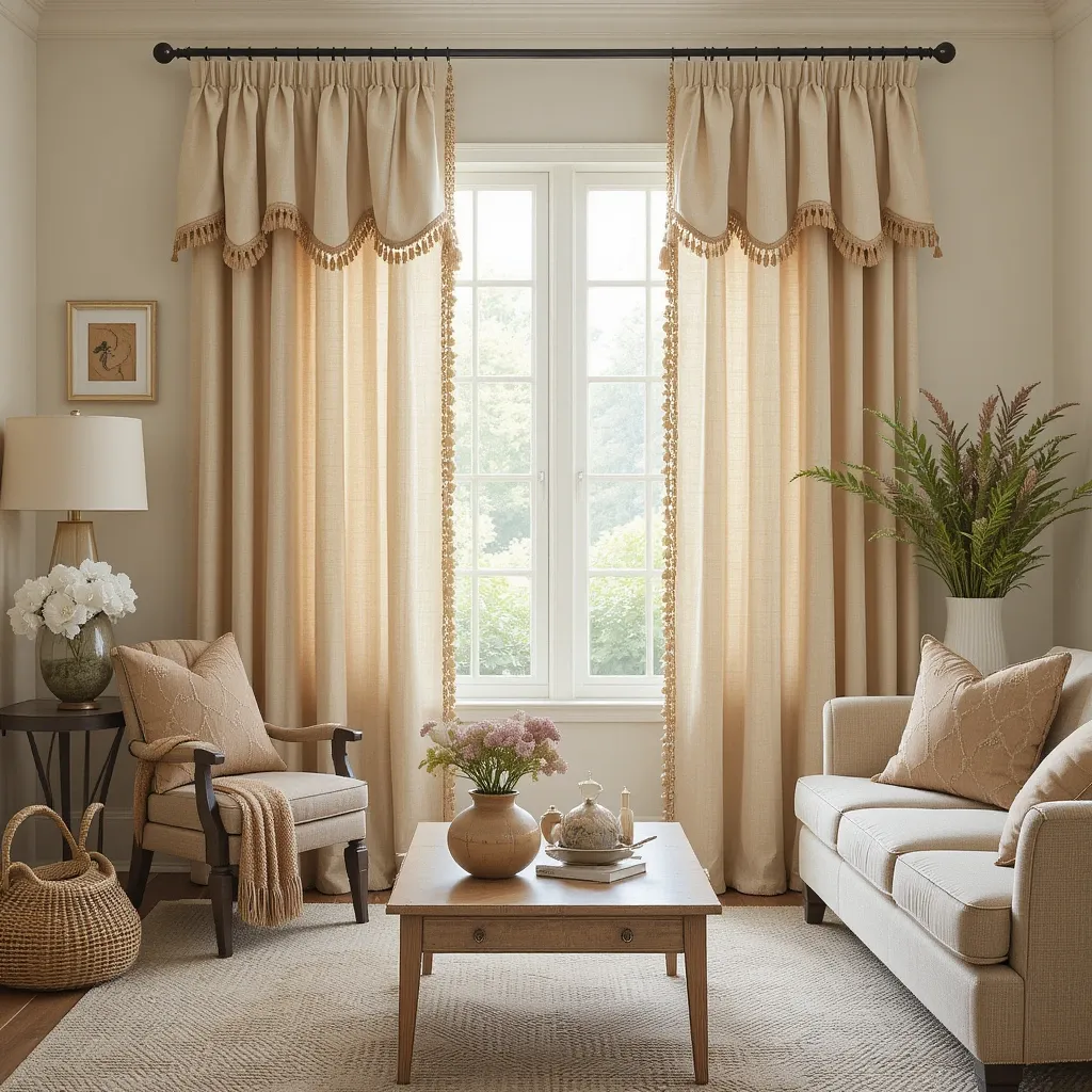 Beige Curtains with Tassel Trim