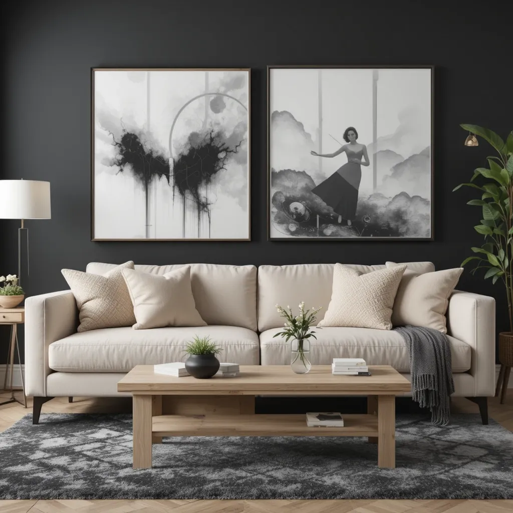 Beige Sofas with Black and White Art