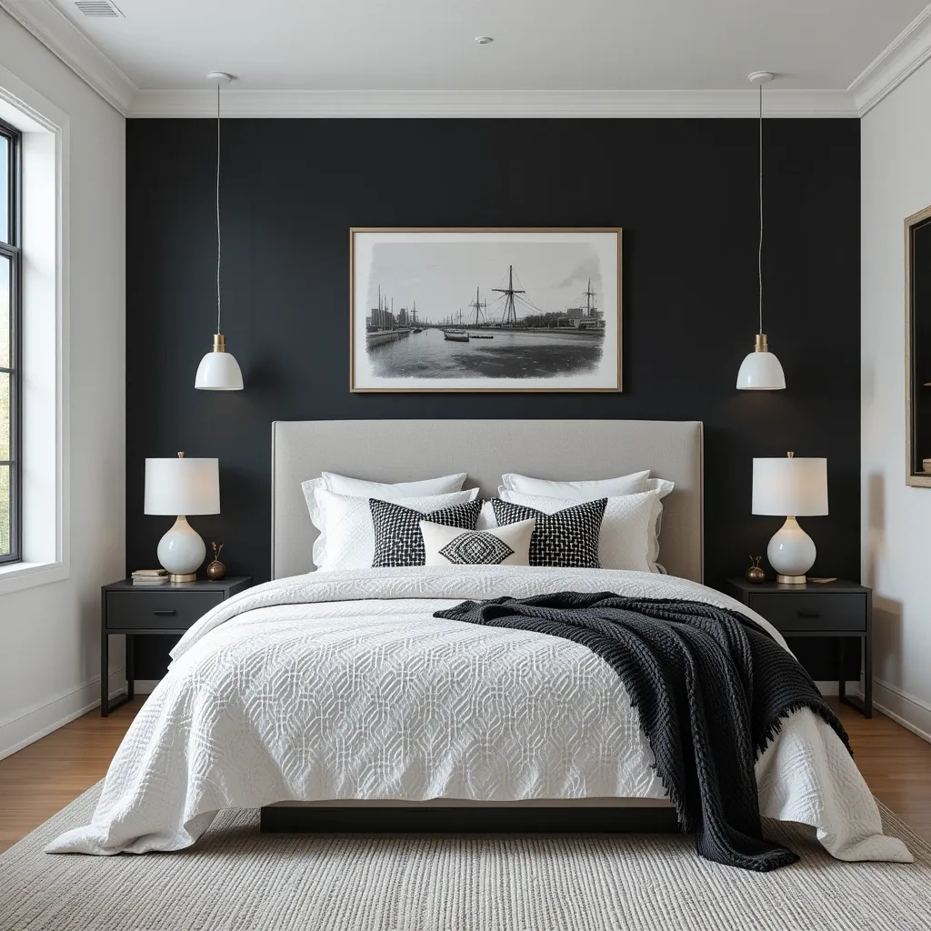 Black Accent Wall with White Textured Bedding