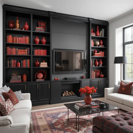 Black Bookshelves with Red Decor Accents