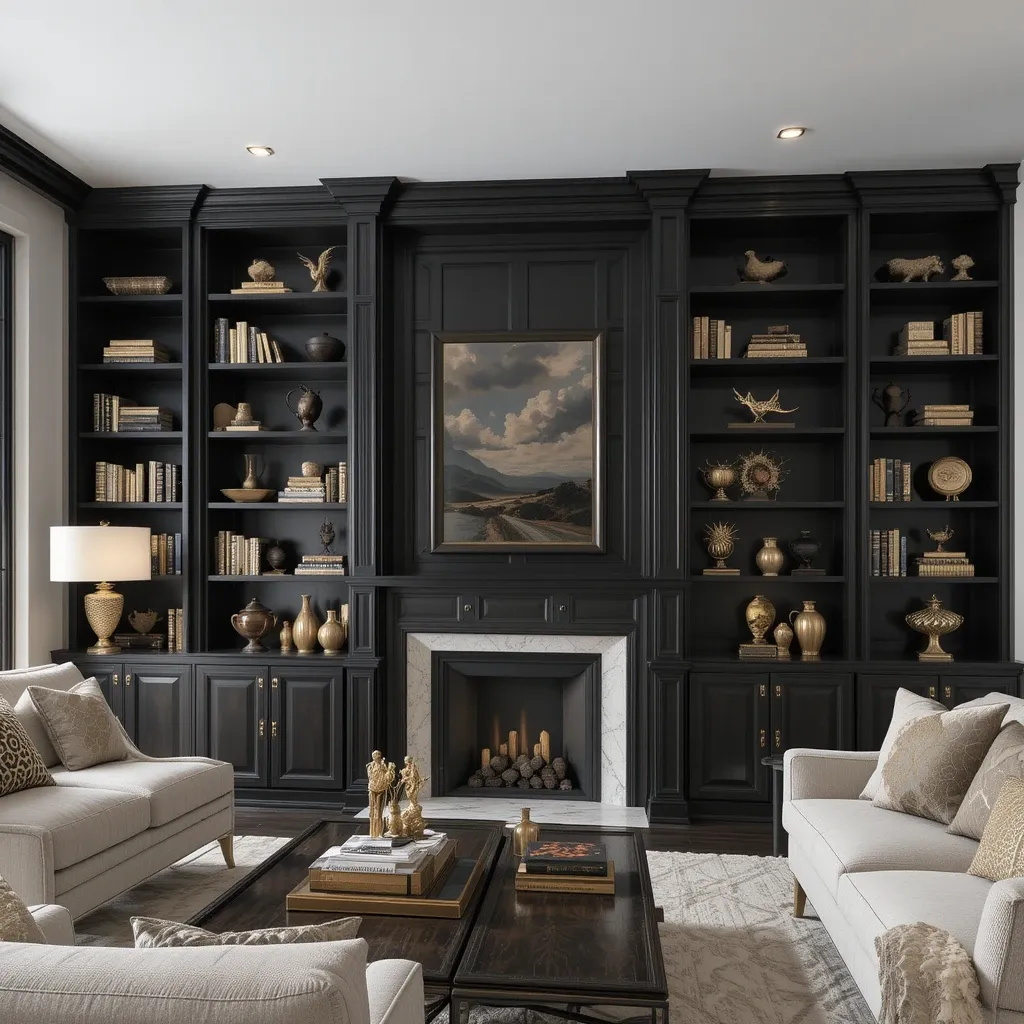 Black Built-In Bookshelves with Gold Decor Pieces