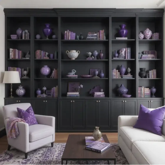 Black Built-In Shelving with Purple Decorative Pieces