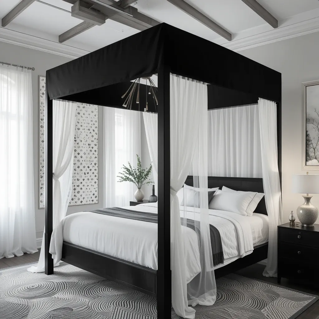 Black Canopy Bed with Sheer White Curtains
