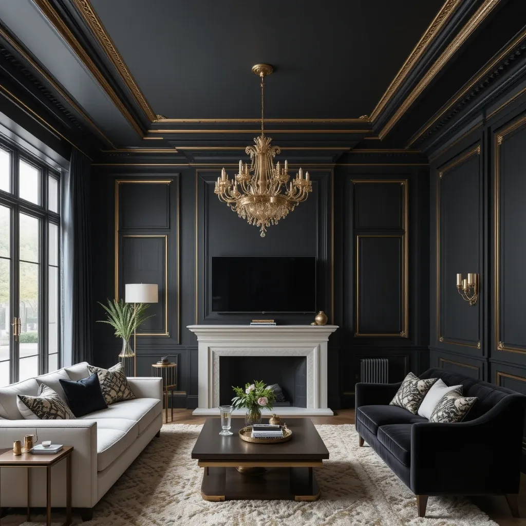 Black Ceiling with Gold Trim for a Luxe Touch