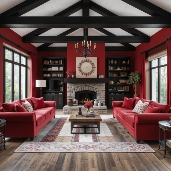Black Exposed Beams with Red Furnishings