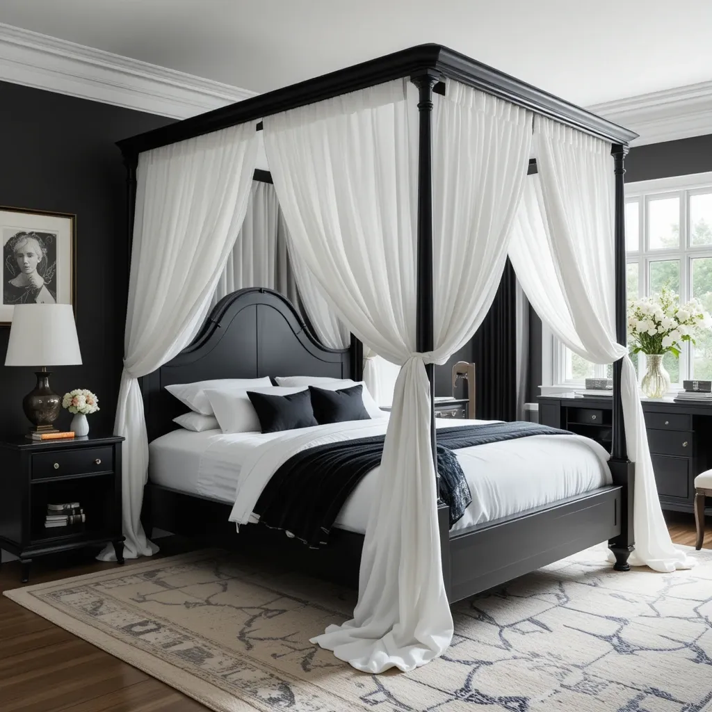 Black Four-Poster Bed with White Drapes