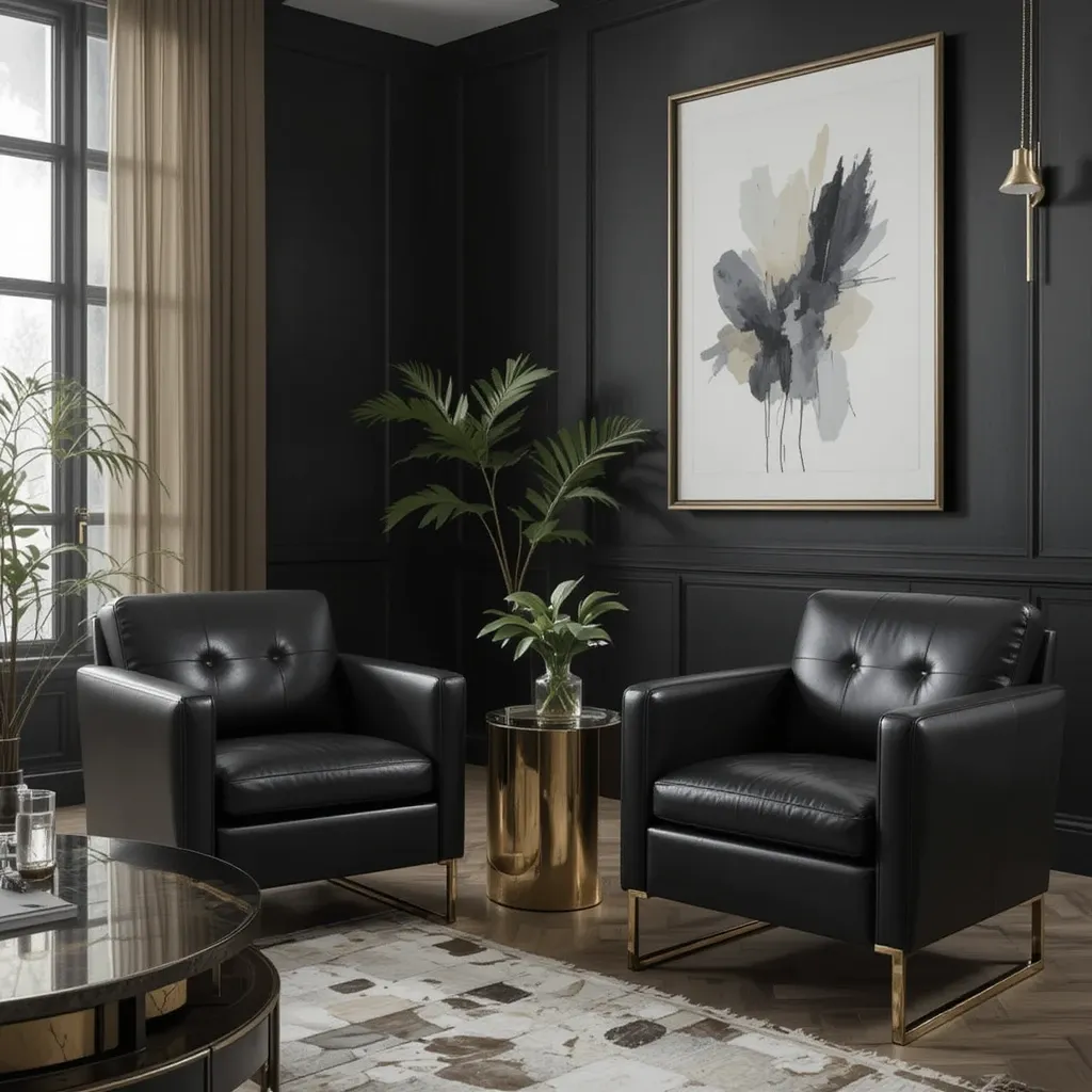 Black Leather Lounge Chairs with Gold Legs