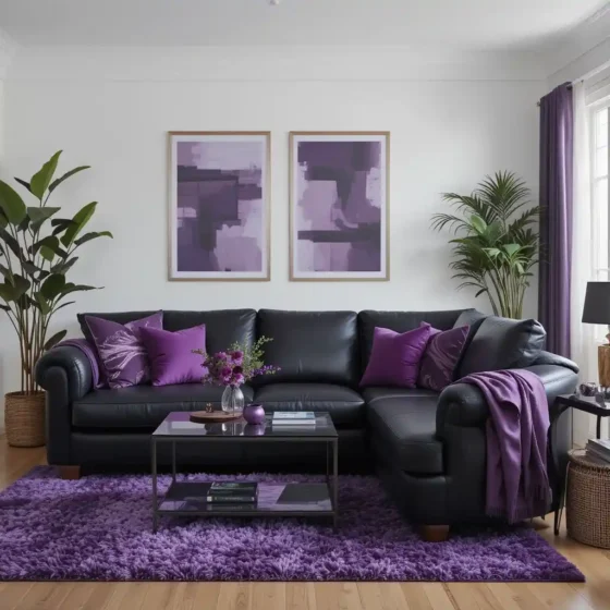 Black Leather Sectional with Purple Accents