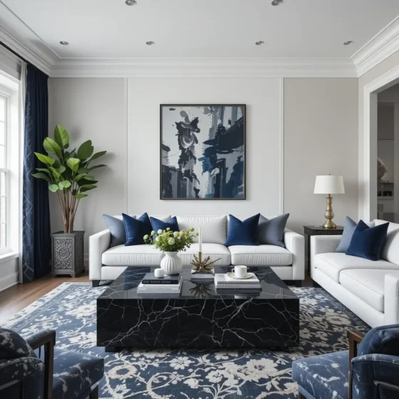 Black Marble Coffee Table with Navy Accents