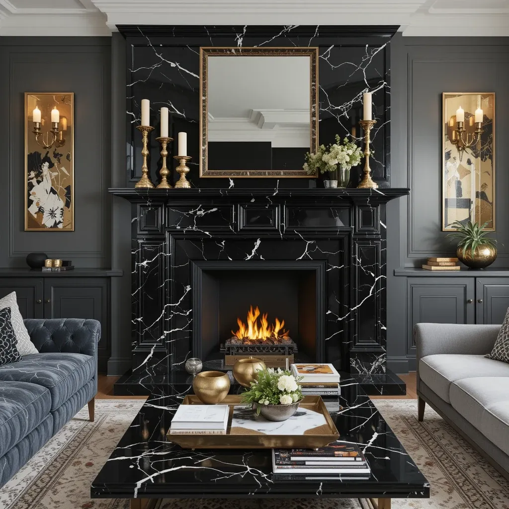 Black Marble Fireplace with Gold Details
