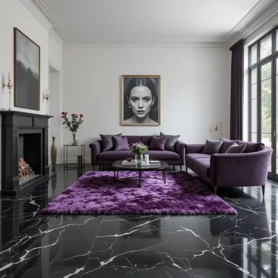 Black Marble Flooring with Purple Rugs