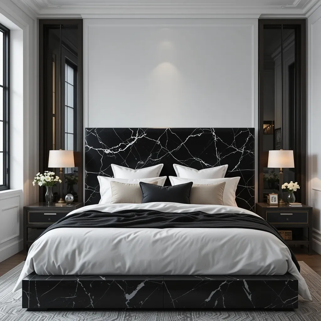 Black Marble Headboard with White Linen