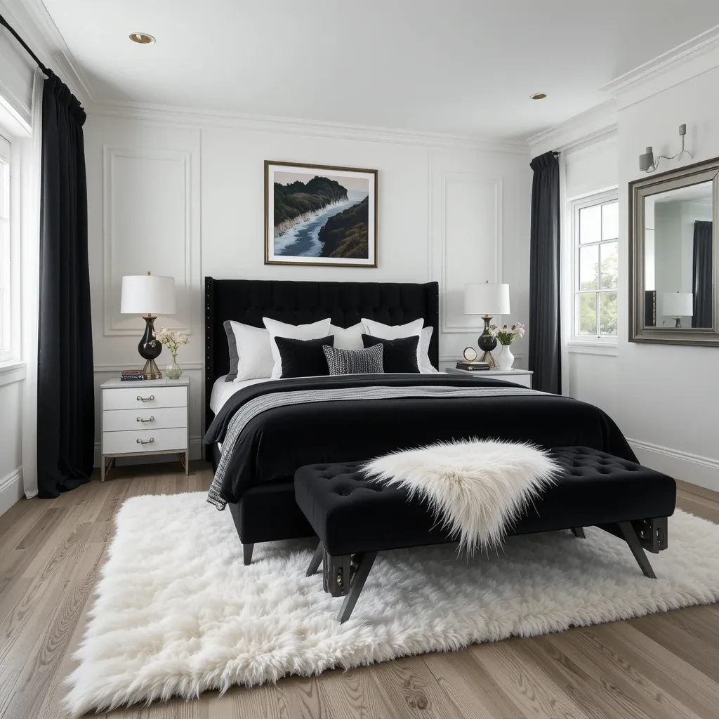 Black Velvet Bench with White Faux Fur Rug