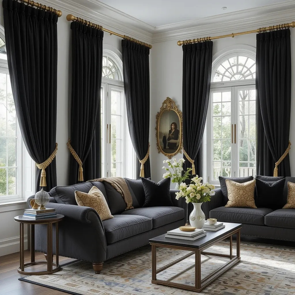 Black Velvet Curtains with Gold Tiebacks