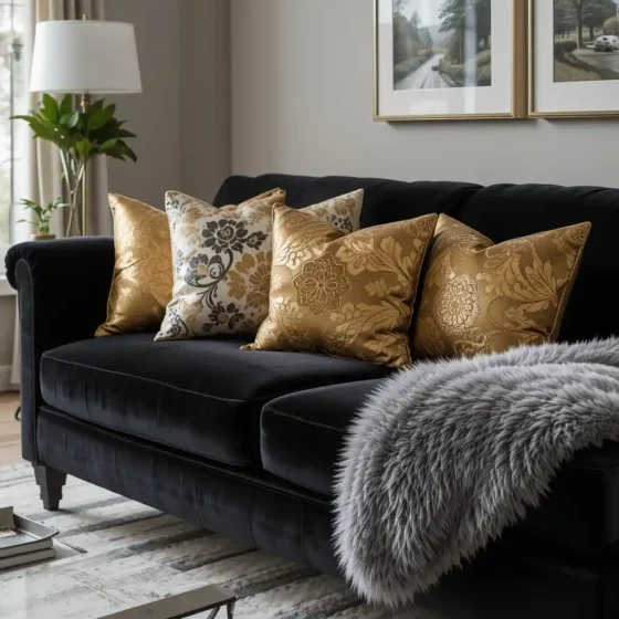 Black Velvet Sofa with Gold Throw Pillows