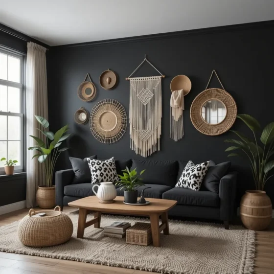 Black Walls with Woven Decor for Earthy Contrast
