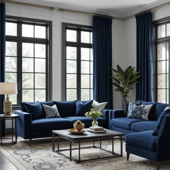 Black Window Frames with Navy Drapes