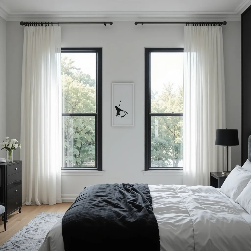 Black Window Frames with Sheer White Curtains