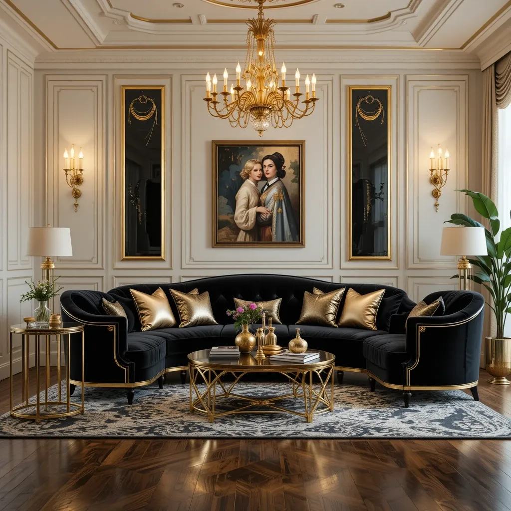 Black and Gold Art Deco-Inspired Sofa Set